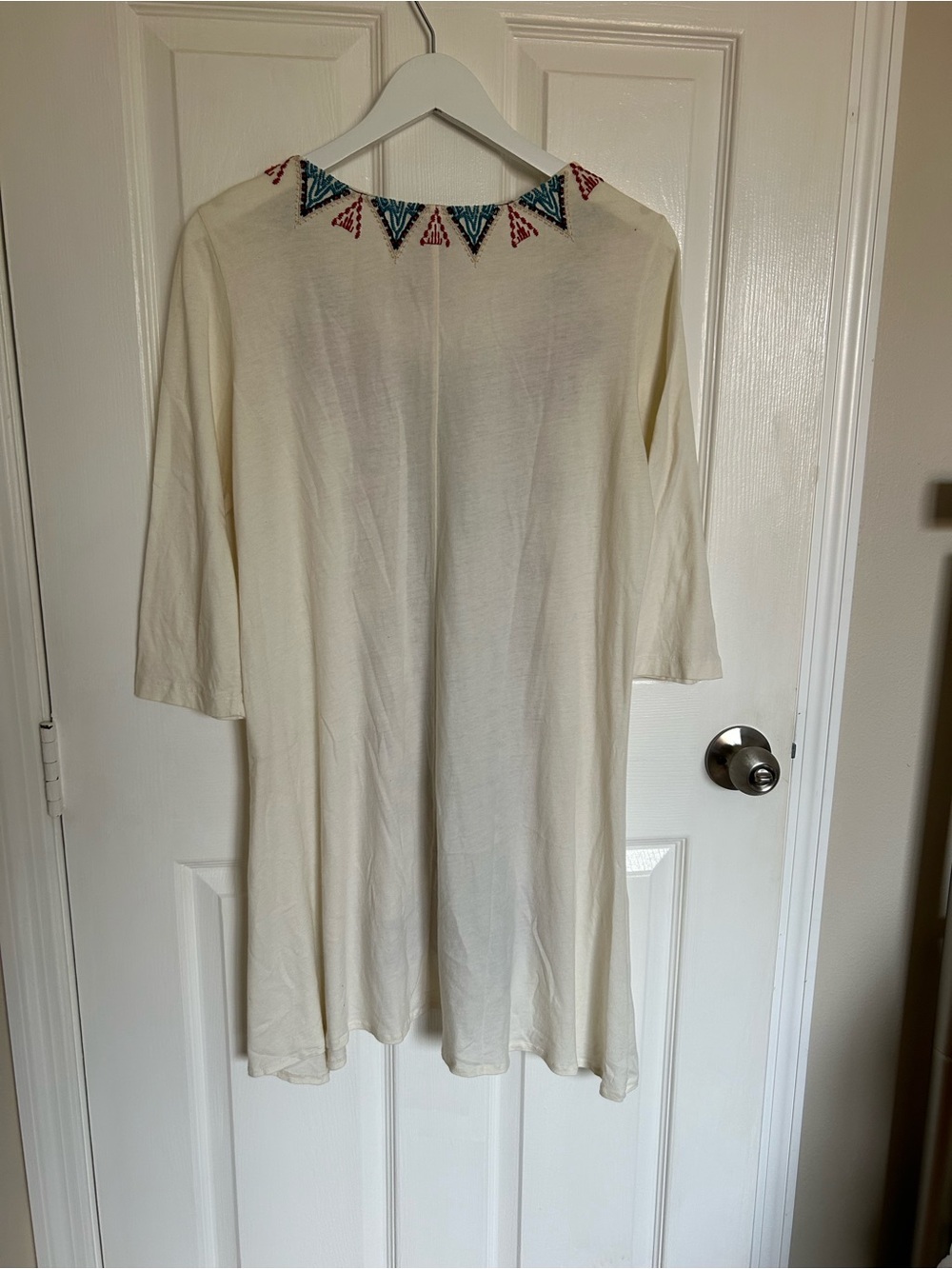 Johnny Was Cream Long Sleeve Embroidered Boho Dress with Red and Teal Accents - Picture 5 of 7
